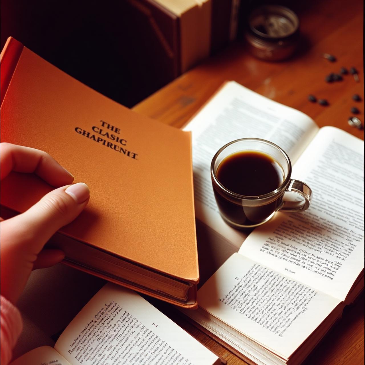 Livro clássico ao lado de uma xícara de café sobre a mesa de madeira